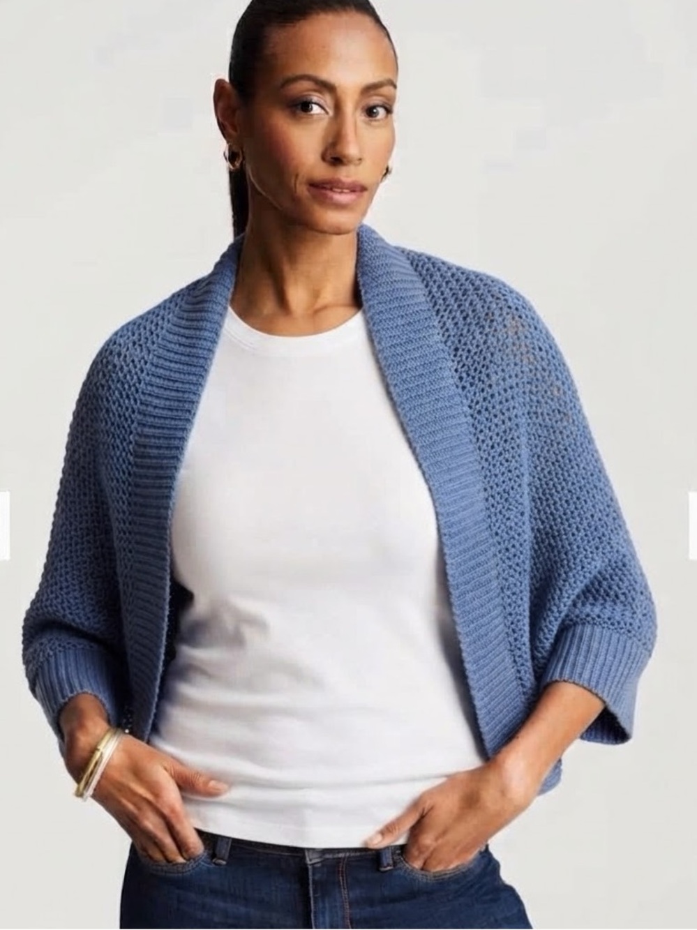 PURE JILL Sweater Knit Shrug S-L Blue/White Marl Knit EUC